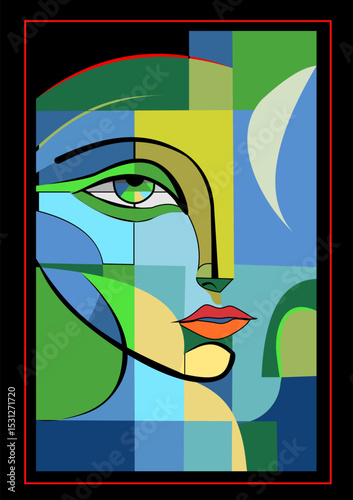  stylized face, with an emphasis on green and blue hues. Black outlines contrast with the vivid yellows, reds, and greens, creating an abstract yet recognizable visage.