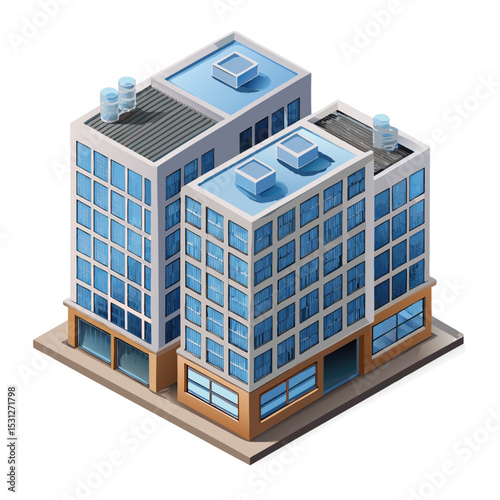 vector of a multi-story office building with glass windows and rooftop HVAC units in isometric view, isolated on white background
