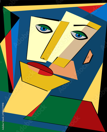 Abstract geometric shapes come together to depict a stylized face with blue eyes and red lips. Bold colors and sharp lines dominate the composition, creating a visually striking piece.