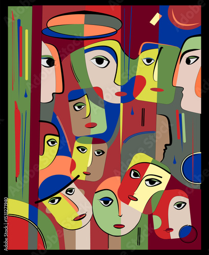 A  abstract composition featuring multiple overlapping faces in various bright colors. Each face is uniquely styled, withexpressive features creating a complex visual mosaic.