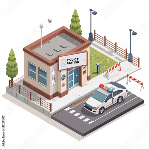vector of a small city police station with sign, patrol car parking area, and barriers in isometric layout, white background
