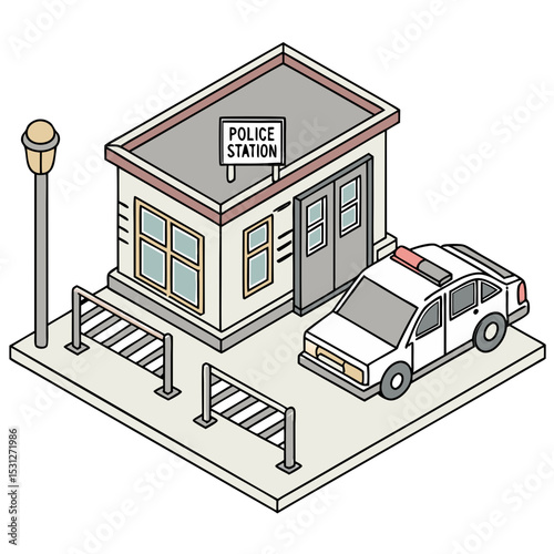 vector of a small city police station with sign, patrol car parking area, and barriers in isometric layout, white background
