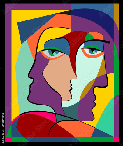 A colorful abstract composition features overlapping, stylized human profiles rendered in geometric shapes. Vibrant hues and bold outlines create a dynamic and visually engaging piece.