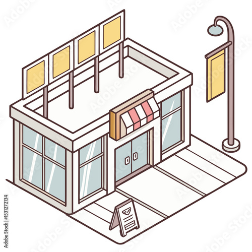 vector of a commercial mall with glass entrance, store banners, and parking spaces, drawn isometrically, white background
