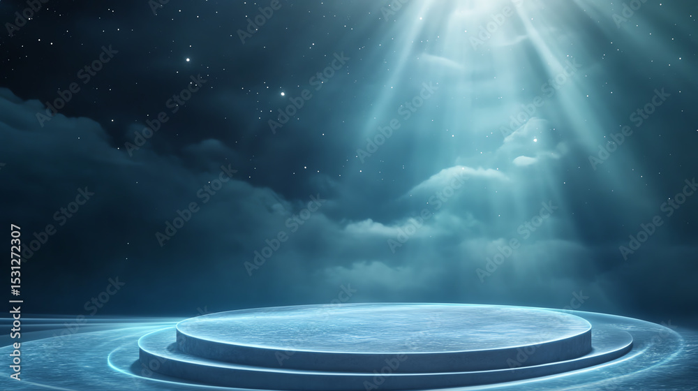 Fototapeta premium A stunning abstract background featuring a circular stage illuminated by celestial light against a starry sky, creating an ethereal atmosphere.