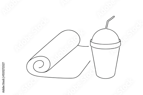 Rolled up yoga mat and refreshing drink line drawing