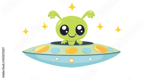 Cute Alien on UFO Vector Isolated Illustration