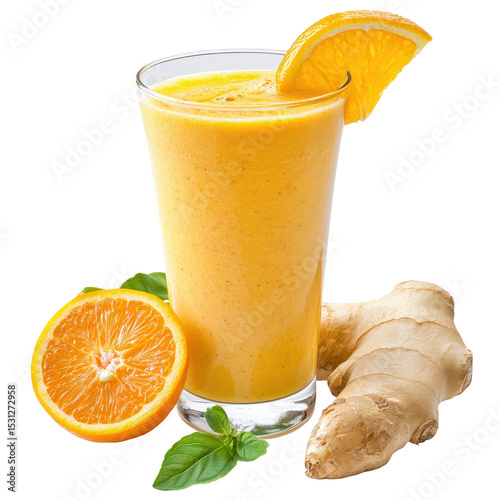 Refreshing orange ginger smoothie served with fresh orange slices and ginger root in a clear glass during a sunny day