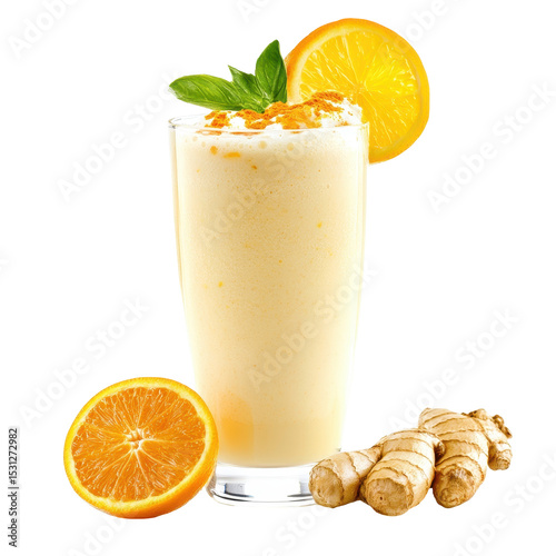 Refreshing ginger orange smoothie served in a tall glass with garnishment in a bright atmospheric setting