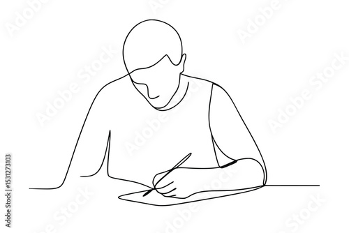 Single line drawing person writing at desk minimalist illustration