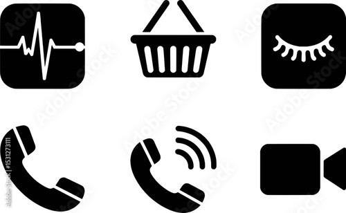 A collection of simple, black and white icons representing various functions and actions.