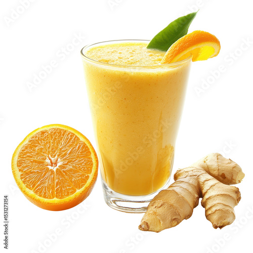 Fresh orange and ginger smoothie served in a glass with a slice of orange and ginger root on the side