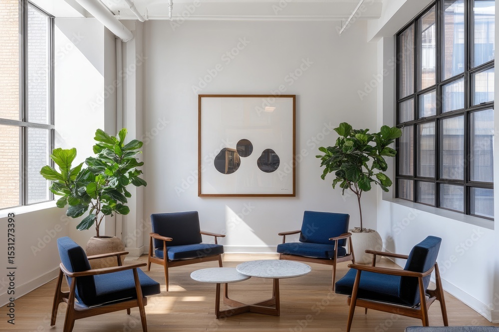 Fototapeta premium Modern, bright waiting area with large windows and art