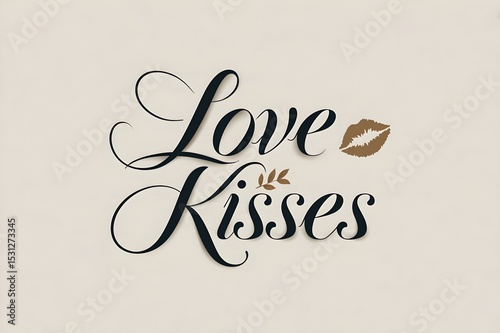 Elegant Love Kisses lettering in black script on a cream background, accented with a brown lip print. The design exudes romance and sophistication in a timeless style.