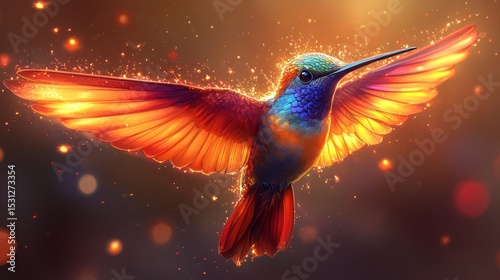 Fiery hummingbird in flight, vibrant colors, glowing wings