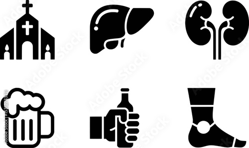 A collection of diverse icons representing various aspects of life, including religion, health, and leisure