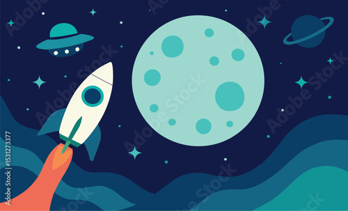 Vector Space Background with Rocket Takeoff, UFO and Planetary Rings