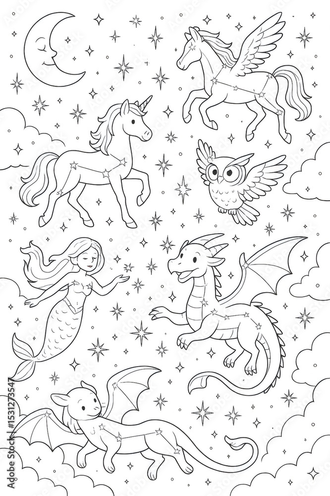 Fototapeta premium Pegasus, unicorn, griffin, dragon, mermaid and owl flying in the night sky between stars and clouds, fantasy coloring page for kids