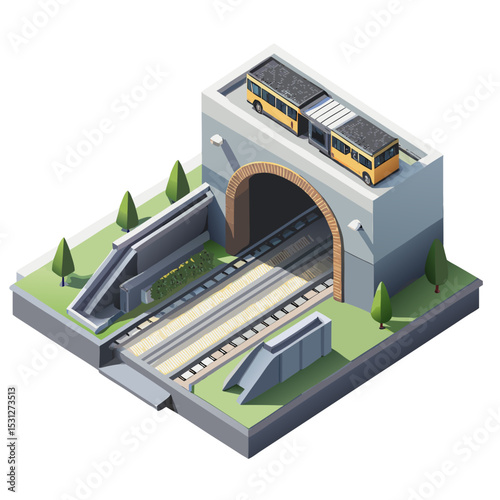 vector of an urban subway station entrance and underground tunnel layout in clean isometric view, white background
