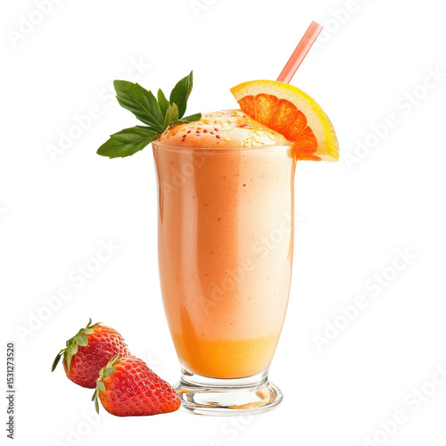 Refreshing fruit smoothie with strawberries and citrus garnish served in a tall glass on a bright background