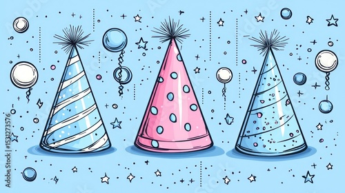Three party hats, light blue, pink, and light blue, with confetti, balloons, and stars, on a light blue background