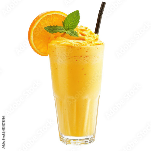 Refreshing mango smoothie served in a tall glass with orange slice and mint leaf during summer gathering