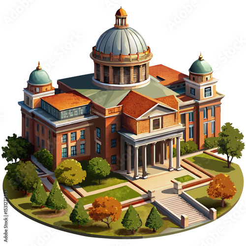 vector of a large academic institution with dome, stairs, and campus greenery, drawn in isometric style, white background
