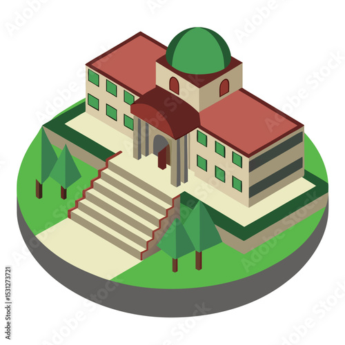 vector of a large academic institution with dome, stairs, and campus greenery, drawn in isometric style, white background
