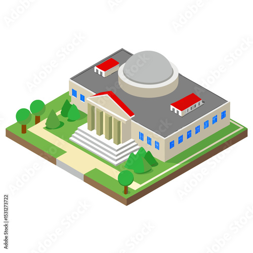 vector of a large academic institution with dome, stairs, and campus greenery, drawn in isometric style, white background

