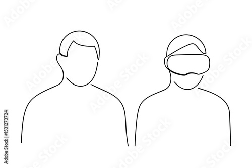 Line drawing two people one wearing vr headset