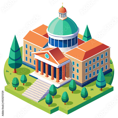 vector of a large academic institution with dome, stairs, and campus greenery, drawn in isometric style, white background
