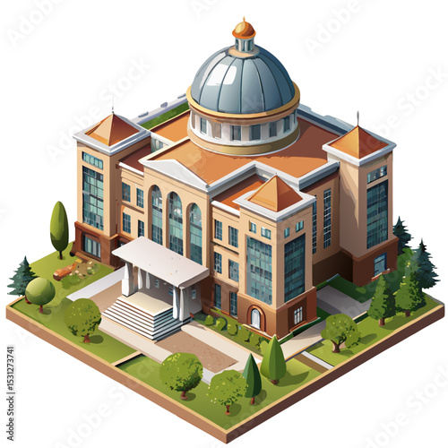 vector of a large academic institution with dome, stairs, and campus greenery, drawn in isometric style, white background
