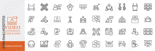 Big set of video conference line icons. Meeting, online, live, call etc. Editable stroke