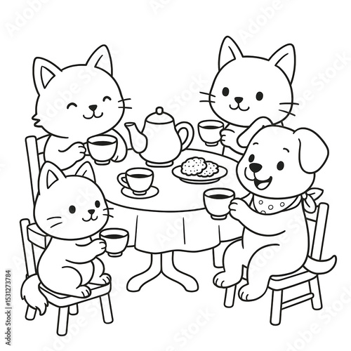 Two cats and a dog are enjoying afternoon tea with cookies, a simple illustration for a coloring page