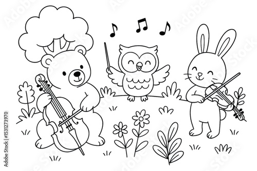 Bear playing cello, rabbit playing violin and owl directing the orchestra in a flowery forest, black and white illustration for coloring book