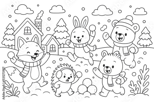 Happy animals wearing scarves are playing snowball fight in a snowy landscape with houses and trees