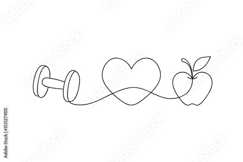 Healthy lifestyle line drawing dumbbell heart apple