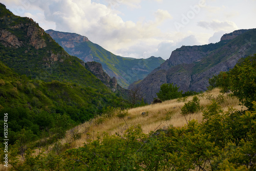 Scenic view of lush green hills and dramatic red cliffs under a bright blue sky with white clouds, showcasing the beauty of untouched mountainous nature and diverse rocky terrain.