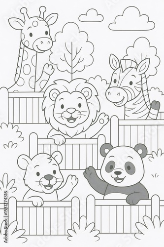 Coloring page featuring adorable cartoon animals joyfully waving from behind a fence in a lively zoo setting, perfect for kids