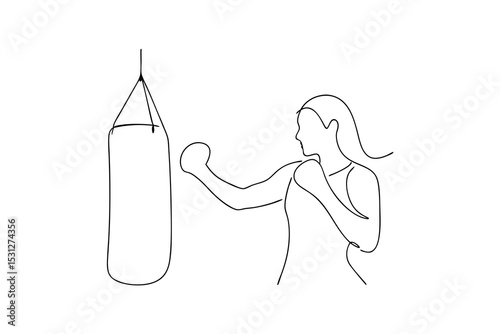 Woman boxer line drawing punching bag fitness workout