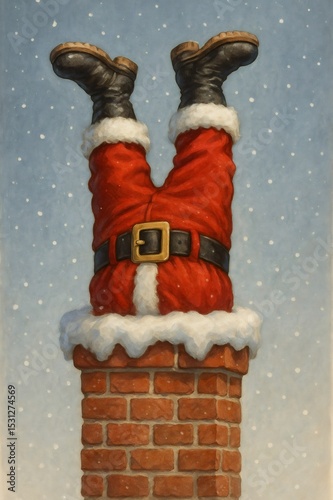 Santa Claus is upside down, stuck in a chimney while delivering gifts on a snowy Christmas Eve