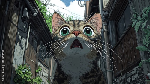 A surprised tabby cat in a Japanese alleyway