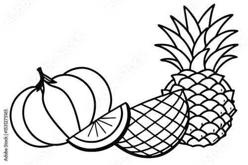Simple vector illustration of various tropical fruits featuring pineapple lemon and pumpkin in black and white