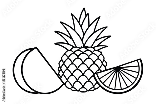 Simple outline illustration featuring a whole pineapple and two fruit slices for healthy lifestyle concepts.