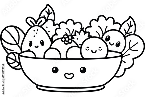 Cute cartoon salad bowl with smiling fruits and vegetables in black and white illustration