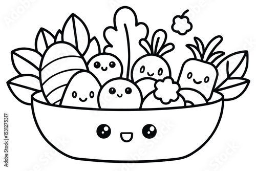 Cute cartoon illustration of a healthy vegetable salad with smiling faces in a bowl ready to eat.