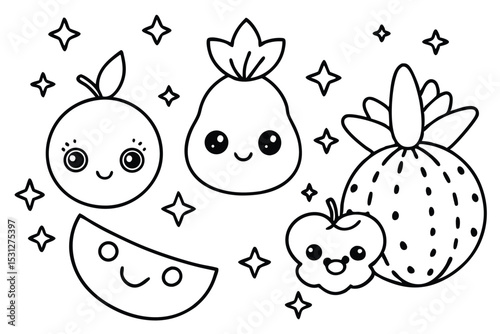 Adorable cartoon fruits with smiling faces and sparkle elements for coloring and children's illustrations