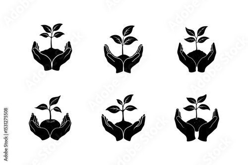 hands holding a seedling vector silhouette