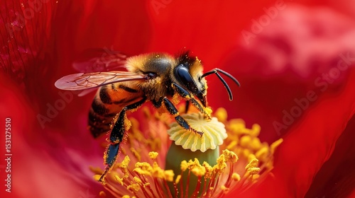 A honey bee actively pollinates a vivid red flower blossom