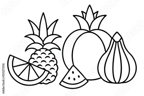 Simple black and white line art illustration of a collection of tropical fruits for various creative projects.
